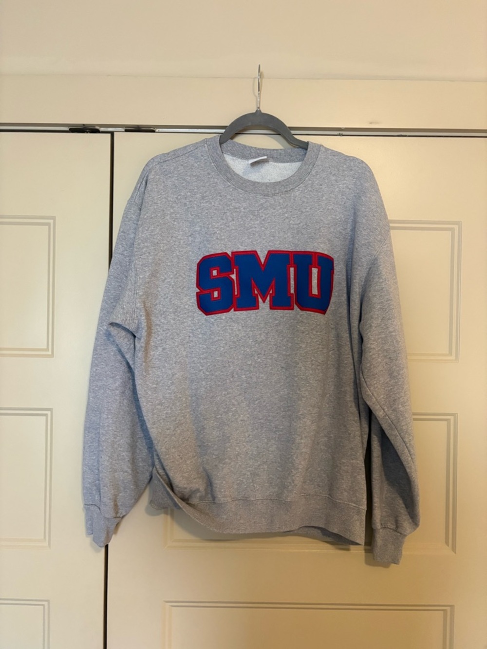 Champion Grey Crewneck with Blue and Red SMU Logo